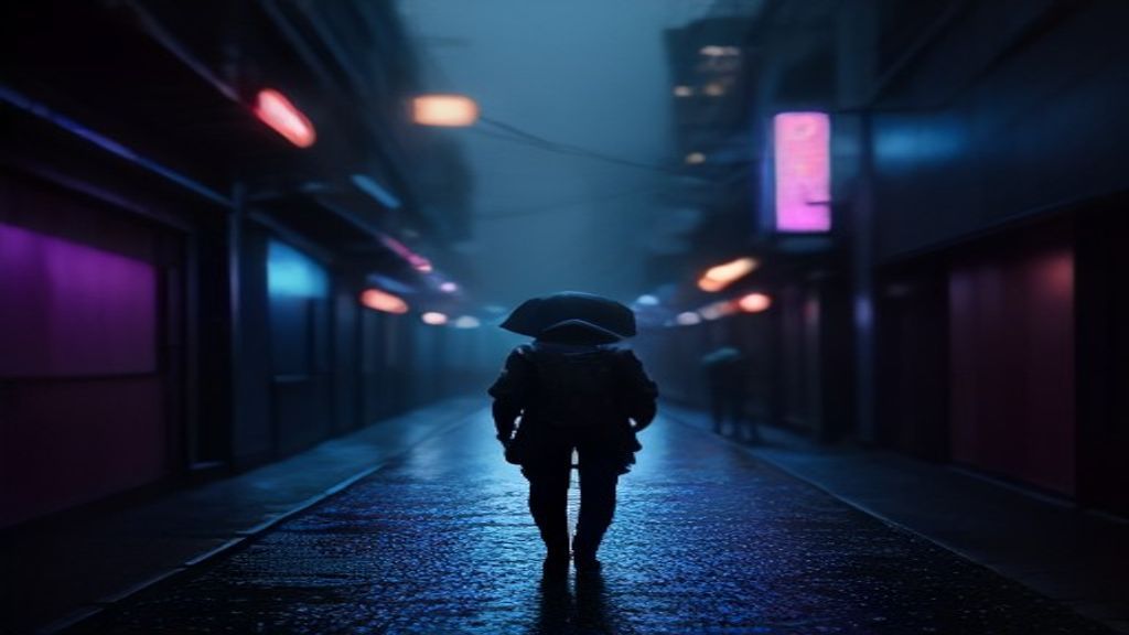 A lone astronaut walks through a rain-soaked neon alley, cinematic 24mm